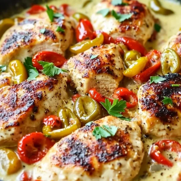 Creamy banana pepper chicken skillet dish garnished with fresh herbs
