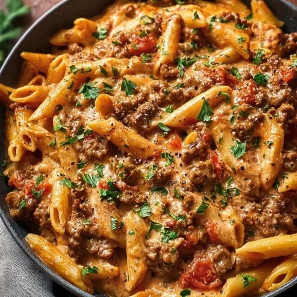 Delicious creamy beef pasta in a bowl, garnished with parsley.