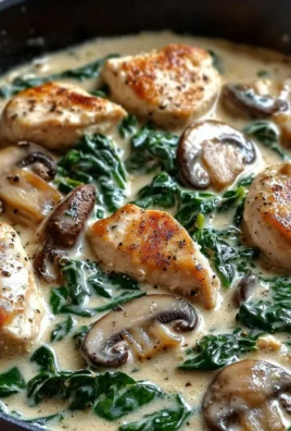 Creamy chicken mushroom spinach skillet dish served in a pan