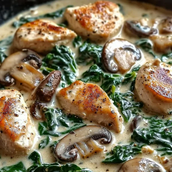 Creamy chicken mushroom spinach skillet dish served in a pan