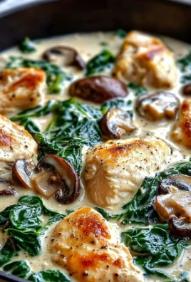 Creamy chicken mushroom spinach skillet dish served in a pan