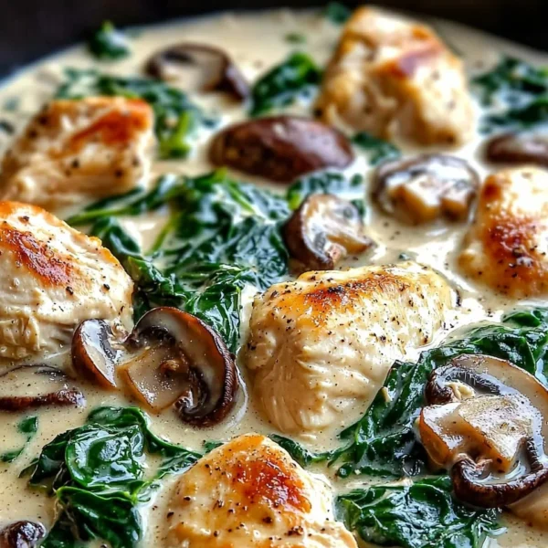 Creamy chicken mushroom spinach skillet dish served in a pan