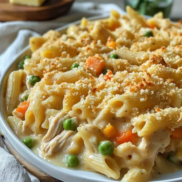 Creamy Chicken Pot Pie Pasta Bake served in a dish