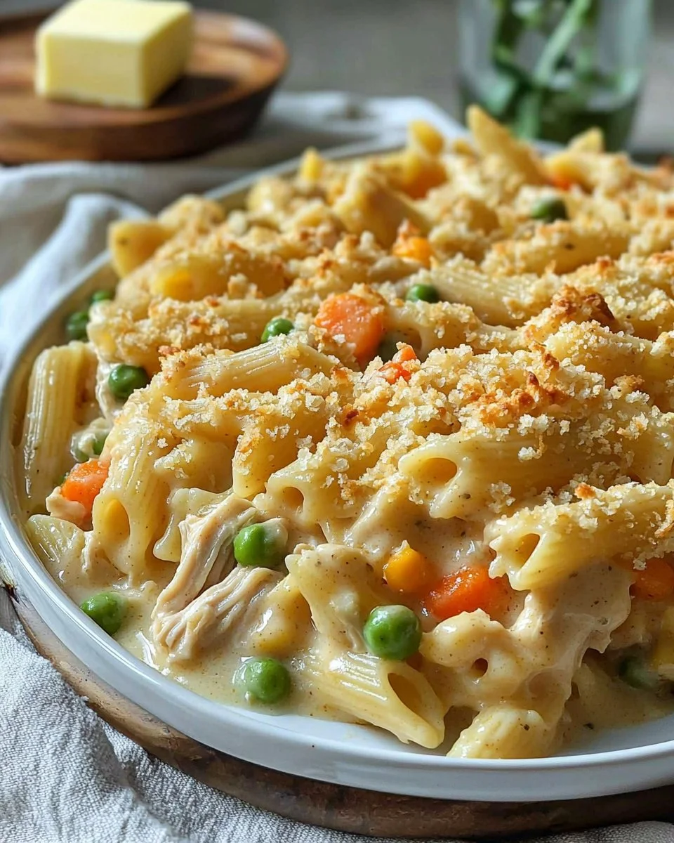 Creamy Chicken Pot Pie Pasta Bake