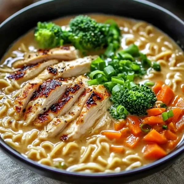 Bowl of creamy garlic chicken ramen topped with green onions and soft-boiled egg.