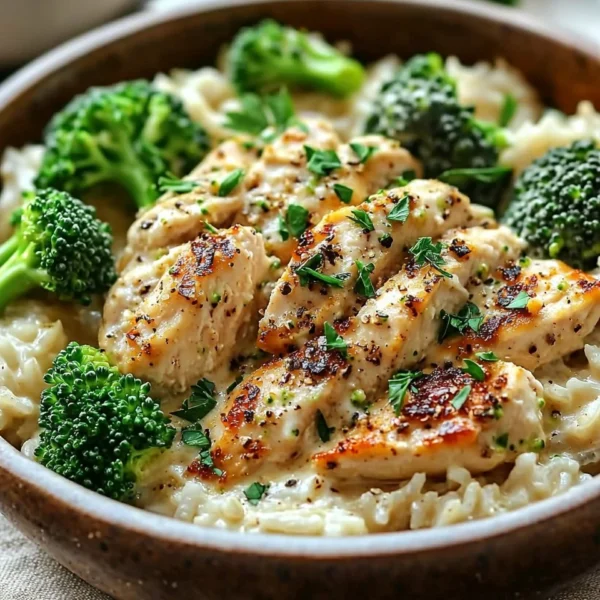 Creamy garlic chicken rice bowls garnished with herbs