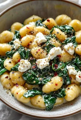 Creamy gnocchi dish topped with spinach and feta cheese