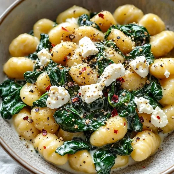Creamy gnocchi dish topped with spinach and feta cheese