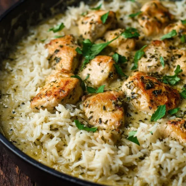 Creamy Herb Chicken served with basmati rice in a comforting one-pan meal.