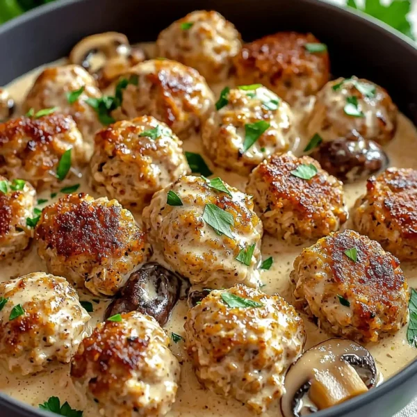 Creamy mushroom chicken meatballs served with fresh herbs