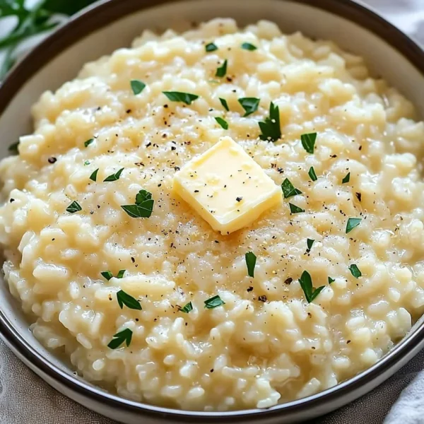Bowl of creamy Parmesan risotto garnished with herbs and cheese