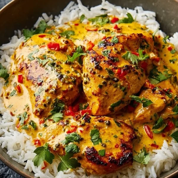 Creamy peri-peri chicken with rice on a plate