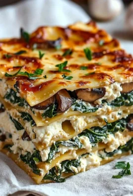 Creamy spinach and mushroom lasagna topped with cheese and herbs