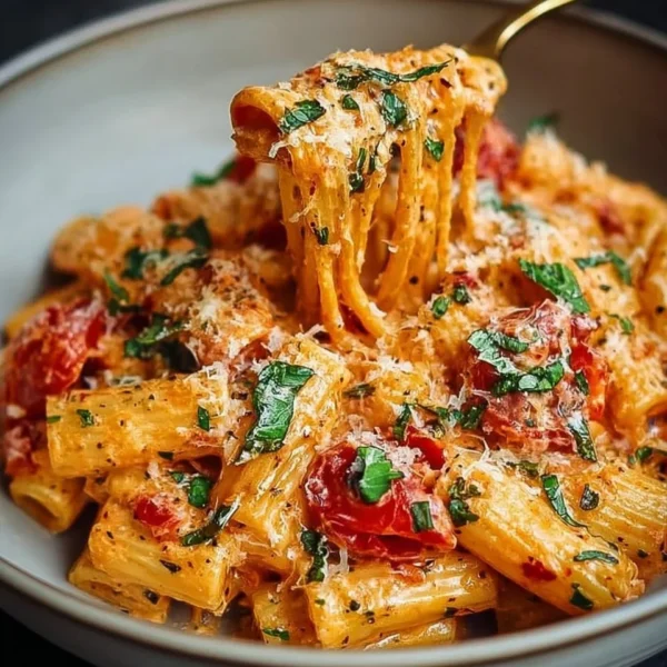 Delicious creamy tomato garlic pasta garnished with fresh herbs