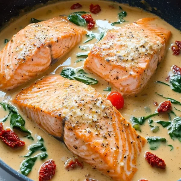 Creamy Tuscan salmon dish with rich sauce and fresh ingredients