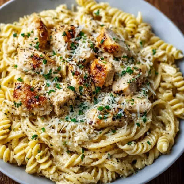 Delicious Crockpot Garlic Parmesan Chicken Pasta served in a bowl.