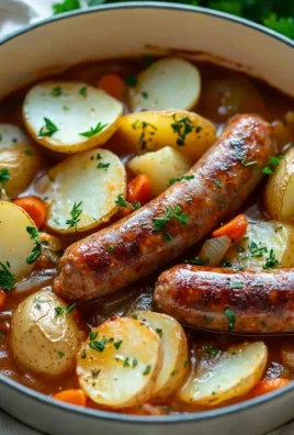 Delicious Cumberland sausage casserole topped with fresh herbs and vegetables.