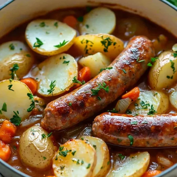 Delicious Cumberland sausage casserole topped with fresh herbs and vegetables.