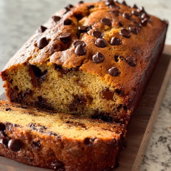 Delicious easy banana bread with chocolate chips on a wooden table