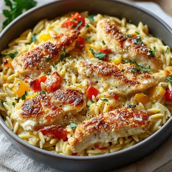 Easy Boursin Orzo Bake with creamy sauce and pasta in a baking dish