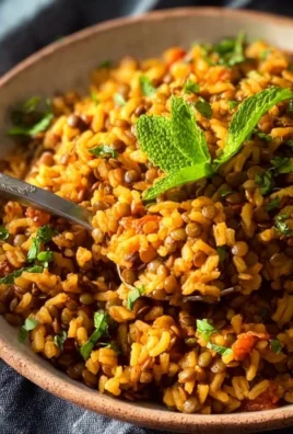 Bowl of easy Mediterranean lentils and rice dish garnished with herbs