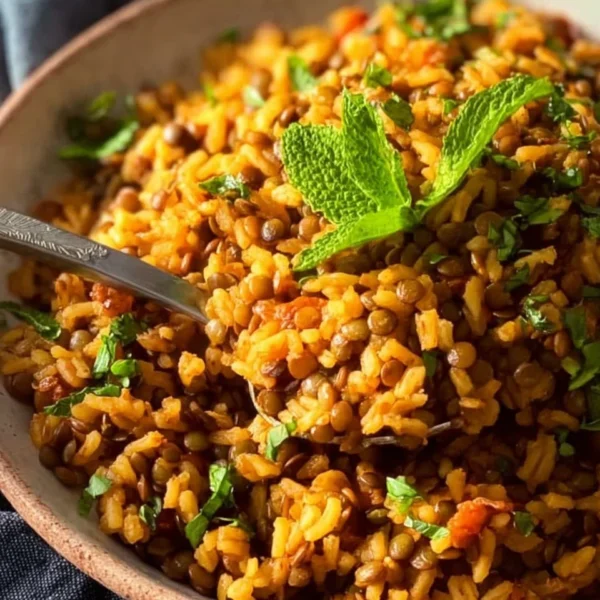 Bowl of easy Mediterranean lentils and rice dish garnished with herbs
