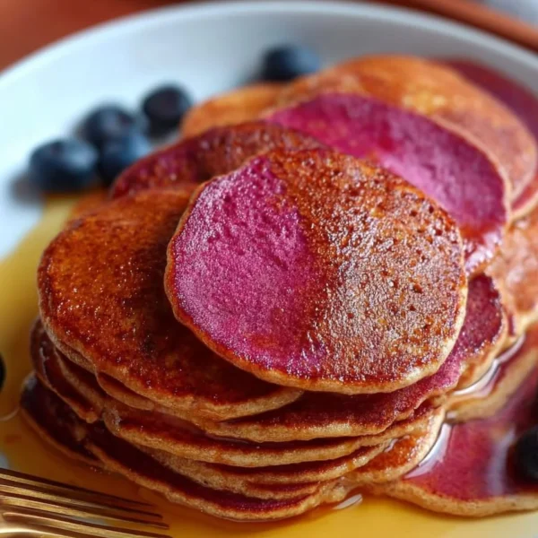 A stack of easy red pancakes with syrup and berries on a plate