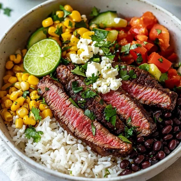 Delicious Flank Steak Bowl garnished with fresh vegetables and herbs.