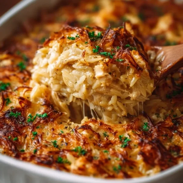 Delicious French Onion Chicken Orzo Casserole topped with melty cheese and herbs.