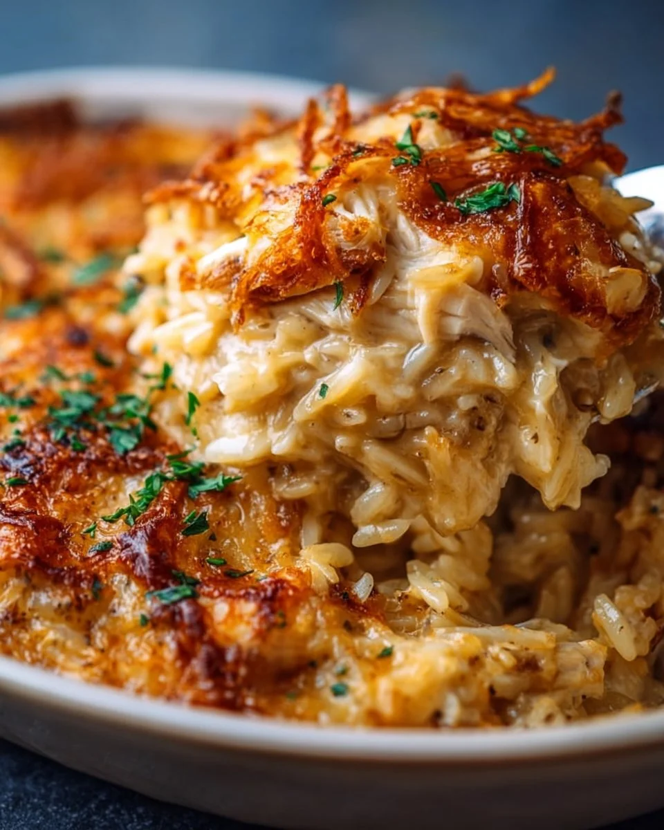 French Onion Chicken Orzo Casserole