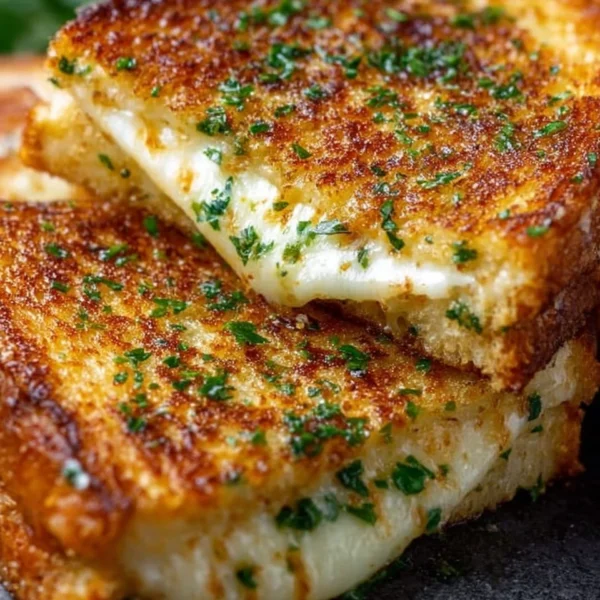 Melted cheese between slices of garlic bread, a tasty grilled cheese sandwich.