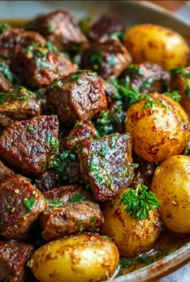 Plate of Garlic Butter Beef Bites served with seasoned potatoes