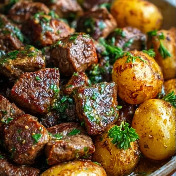 Plate of Garlic Butter Beef Bites served with seasoned potatoes