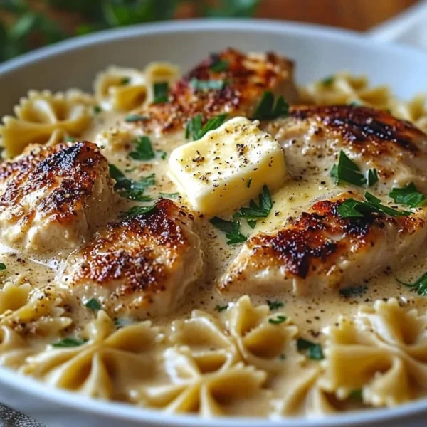 Delicious Garlic Butter Chicken served with Bowtie Pasta.