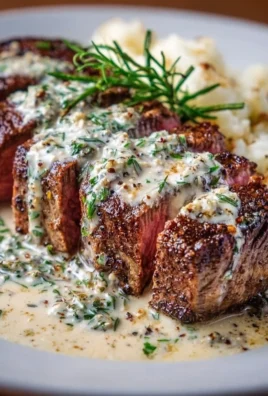 Delicious Garlic Butter Steak served with creamy Parmesan sauce on a plate.