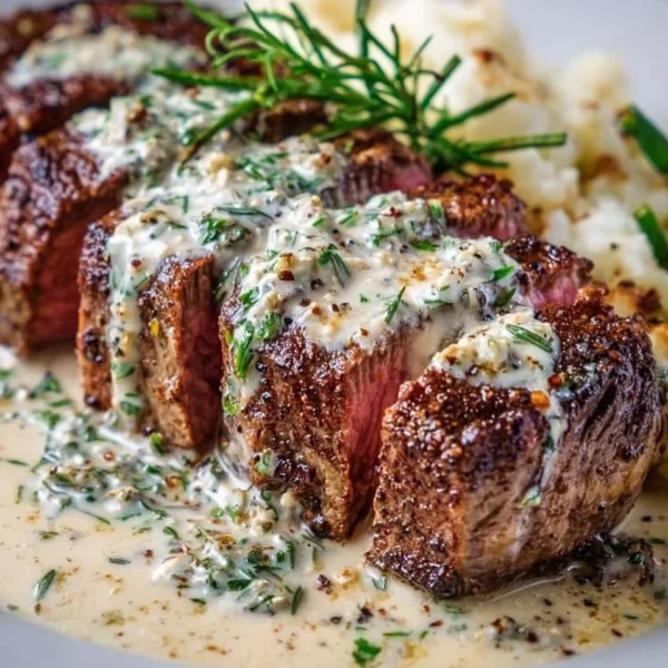 Delicious Garlic Butter Steak served with creamy Parmesan sauce on a plate.