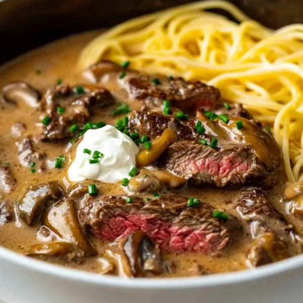 Gordon Ramsay's Beef Stroganoff served in a creamy sauce with mushrooms