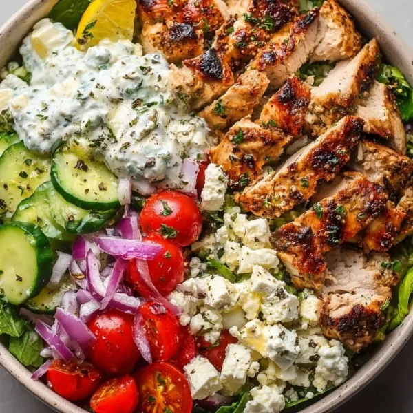 Healthy Greek Chicken Bowl with fresh vegetables and flavorsome dressing