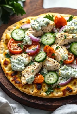 Delicious Greek Chicken Flatbread topped with fresh veggies and feta cheese