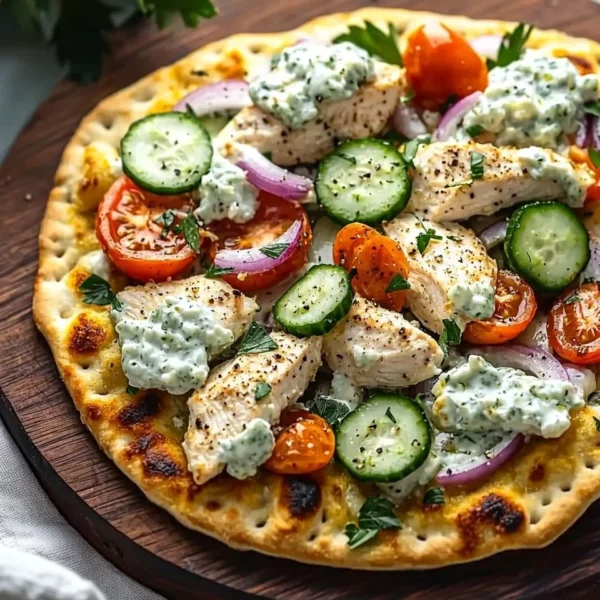 Delicious Greek Chicken Flatbread topped with fresh veggies and feta cheese