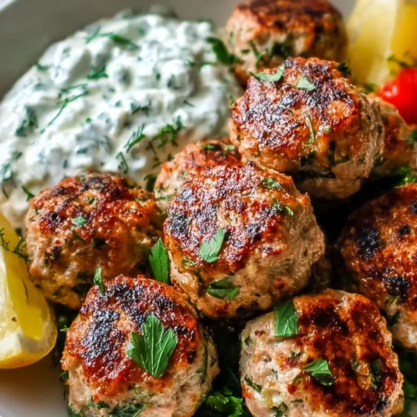 Plate of Greek turkey meatballs served with tzatziki sauce