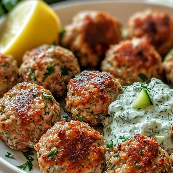 Plate of Greek turkey meatballs with tzatziki sauce and fresh herbs
