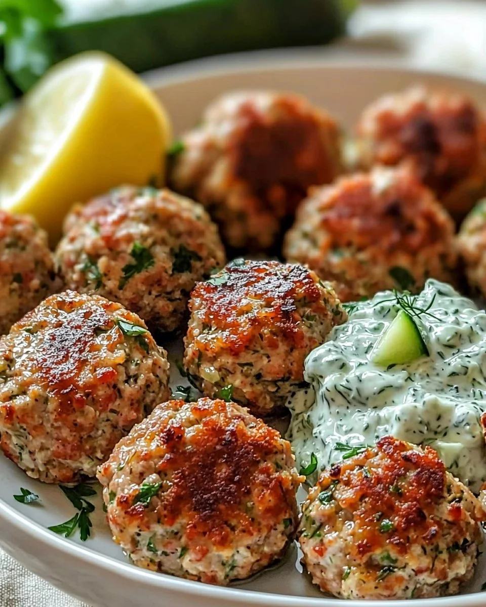 Plate of Greek turkey meatballs with tzatziki sauce and fresh herbs