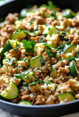Ground chicken zucchini rice skillet with vegetables in a frying pan
