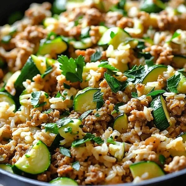 Ground chicken zucchini rice skillet with vegetables in a frying pan