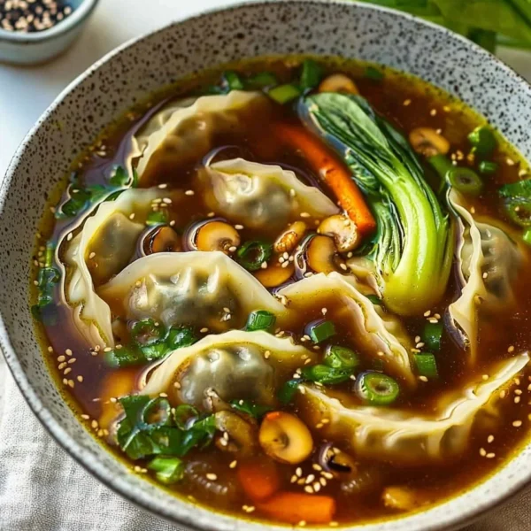 Bowl of Gyoza Soup with delicious dumplings in savory broth