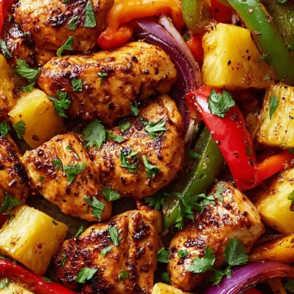 Delicious Hawaiian Chicken Sheet Pan with colorful vegetables