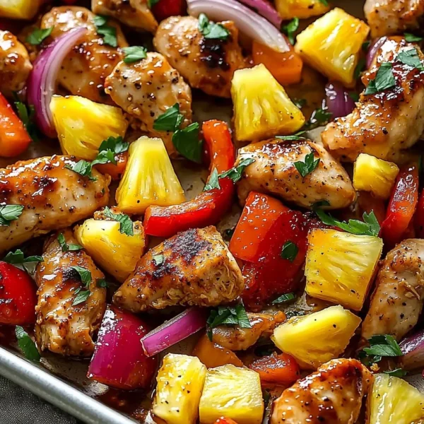 Hawaiian Chicken Sheet Pan with colorful vegetables and pineapple