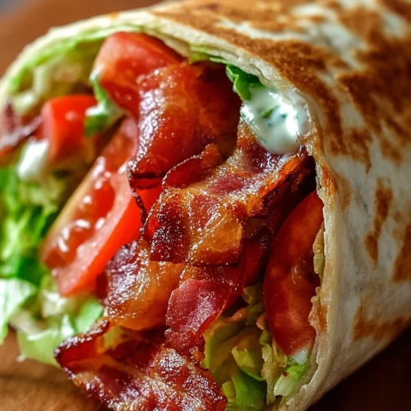 Healthy BLT wraps drizzled with secret sauce on a wooden table