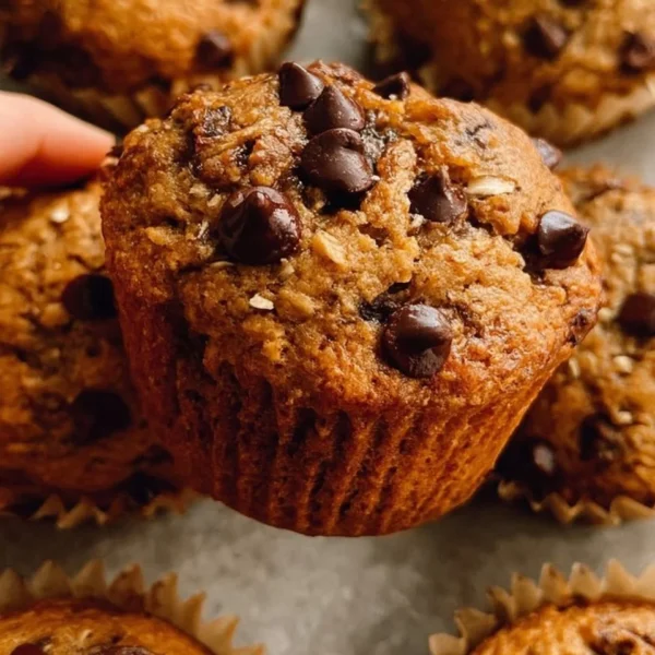 Baked healthy chocolate chip oat muffins on a cooling rack